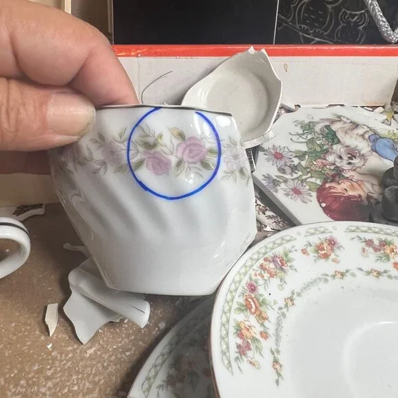 Broken China Floral Earrings W/ 925 Hooks & Silver Blend Bezel With Rose Quartz - Picture 4 of 14